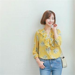 Pleated-ruffle Floral Print Blouse