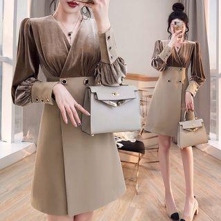 V-neck Velvet Panel Double-breasted A-line Dress