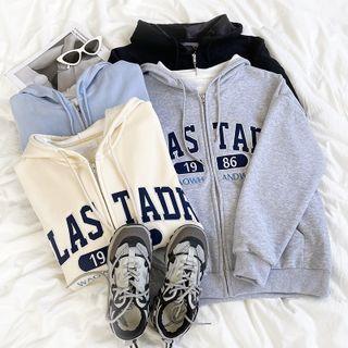 Long-sleeve Lettering Embroidered Zip Hooded Jacket