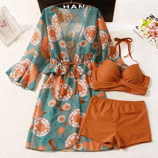 Set: Twisted Bikini + Floral Print Cover-up Jacket