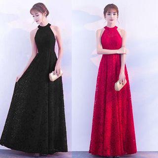 Halter Lace Embroidered Prom Dress