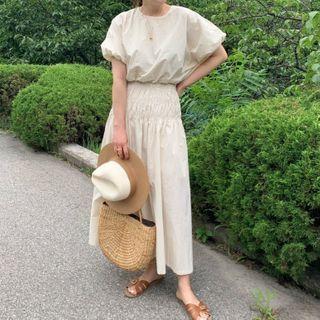 Set: Puff-sleeve Top + Midi A-line Skirt