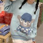 Cartoon Bear Print Sweater Milky Blue - One Size