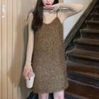 Long-sleeve Knit Top / Fringed Trim Mini Pinafore Dress