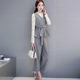 Set Of 3: Long-sleeve Lace Top + Sleeveless Striped Top + Striped Pants