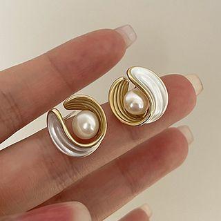 Faux Pearl Alloy Earring 1 Pair - Silver Needle - White & Gold - One Size