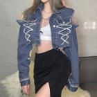 Embellished Cold-shoulder Cropped Denim Jacket