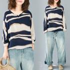 Long-sleeve Printed Top Stripes - Almond & Blue - One Size