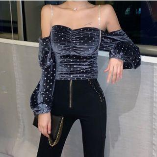 Off-shoulder Ruched Velet Long-sleeve Top
