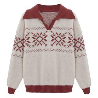 Lapel Contrast Trim Long-sleeve Knit Top Red & White - One Size