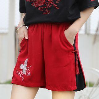 Crane Embroidered Tasseled Shorts