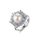 925 Sterling Silver Bright And Fashion Snowflake White Freshwater Pearl Adjustable Open Ring With Cubic Zirconia Silver - One Size