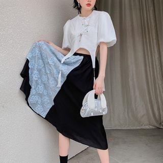 Puff-sleeve Bow Crop Shirt / Floral Print Panel Midi A-line Skirt