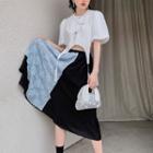 Puff-sleeve Bow Crop Shirt / Floral Print Panel Midi A-line Skirt