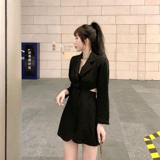 Open Back Plain Long-sleeve Blazer Dress Black - One Size