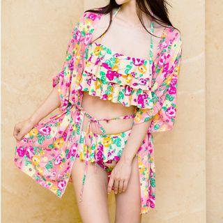 Set: Floral Print Ruffle Bikini + Cover-up
