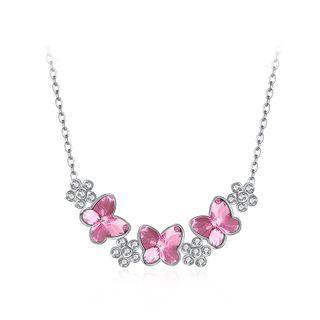 925 Sterling Silver Butterfly Necklace With Pink Austrian Element Crystal Silver - One Size