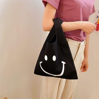 Smiley Face Print Canvas Shopper Bag Black & White - One Size