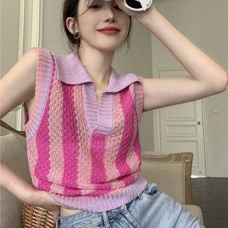 Sleeveless Striped Collared Knit Top Pink - One Size