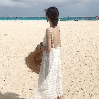 Open Back Fringe Trim Spaghetti Strap Dress