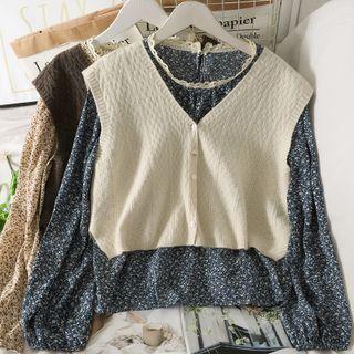 Set: Lace-trim Puff-sleeve Floral Top + Button-up Knit Vest