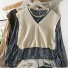 Set: Lace-trim Puff-sleeve Floral Top + Button-up Knit Vest