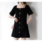 Square-neck Short-sleeve Buttoned A-line Dress Black - M