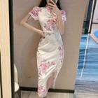 Short-sleeve Floral Print Lace Trim Midi Sheath Qipao Dress