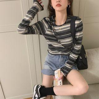Long-sleeve Striped T-shirt Stripes - Black & Gray & White - One Size