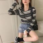 Long-sleeve Striped T-shirt Stripes - Black & Gray & White - One Size