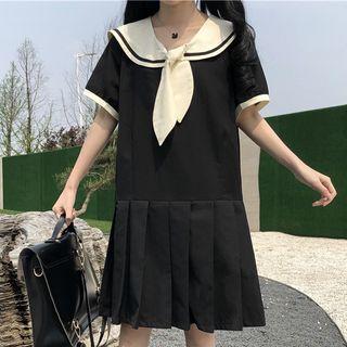 Short-sleeve Sailor Collar Midi A-line Dress As Shown In Figure - One Size