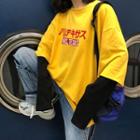 Mock Two-piece Long-sleeve Japanese Character T-shirt Black Sleeve - Yellow - One Size
