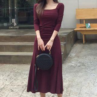 Long-sleeve Square Neck A-line Midi Dress