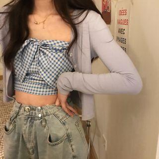 Plaid Strapless Top / Light Jacket