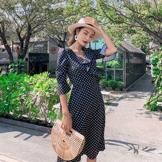 3/4-sleeve Polka Dot A-line Wrap Midi Dress