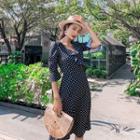 3/4-sleeve Polka Dot A-line Wrap Midi Dress