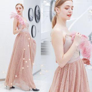 Metallic Star Patterned Mesh Tube A-line Evening Gown