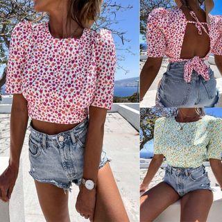 Short-sleeve Floral Crop Blouse