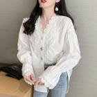 Flared-cuff Lace Trim Blouse White - One Size