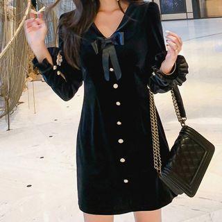 Buttoned Long-sleeve Mini Velvet Sheath Dress