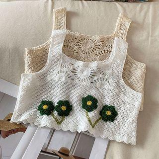 Sleeveless Square Neck Floral Crop Knit Top