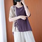 Elbow-sleeve Embroidered Two-tone T-shirt