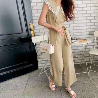 Lace-trim Collared Tie-waist Jumpsuit Beige - One Size