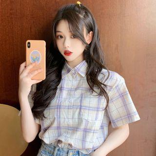 Front Pocket Short-sleeve Plaid Button-down Shirt
