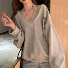 V-neck Long-sleeve Sweatshirt With Tank Top Gray - One Size