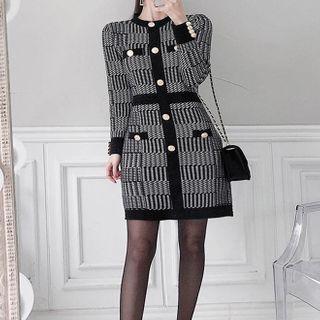 Patterned Long-sleeve Mini Bodycon Knit Dress Black & White - One Size