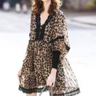 Lantern-sleeve Leopard Print Mini Chiffon Dress