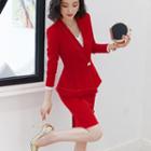 V-neck Chain Detail Blouse / Copped Boot-cut Pants / Pencil Skirt / One Button Blazer