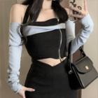 Long-sleeve Shrug / Zip Camisole / Mini Skirt / Set
