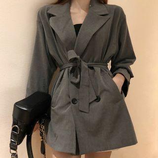 Double-breasted Tie Waist Blazer Gray - One Size